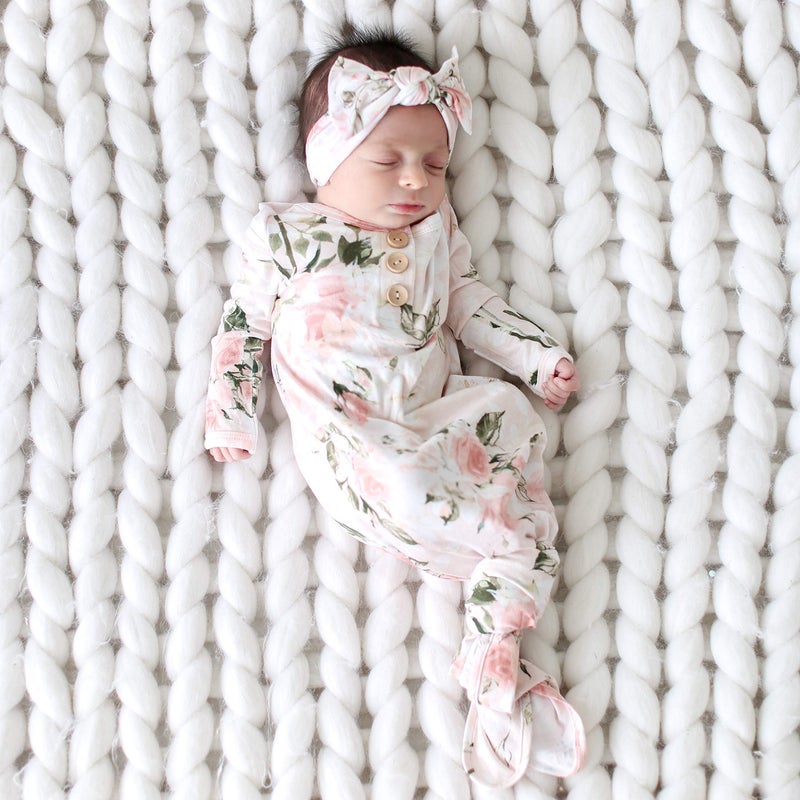 Posh Peanut Knotted Newborn Gown - Newborn Gowns For Girls 0-3 Months (Vintage Pink Rose, 0-3 Months) - Image 3